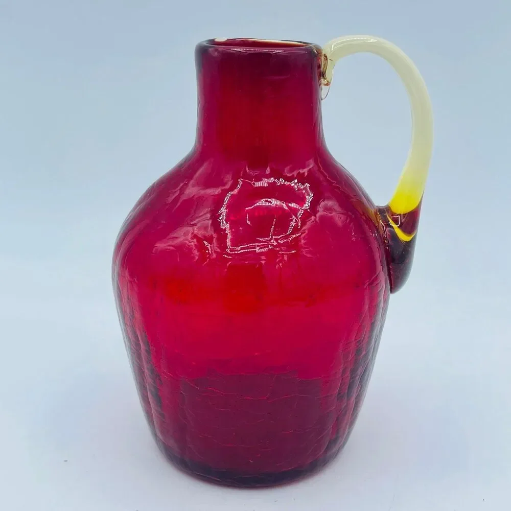 Mini Red Crackle Glass Hand Blown Pitcher Applied Yellow Handle